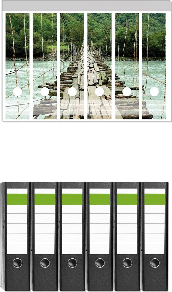 Wallario 6 Stück breite Ordner inkl. Klebeetiketten mit Motive Alte Hängebrücke über dem Fluss - Set mit Rückenschildern / Ordnerrücken Stic...