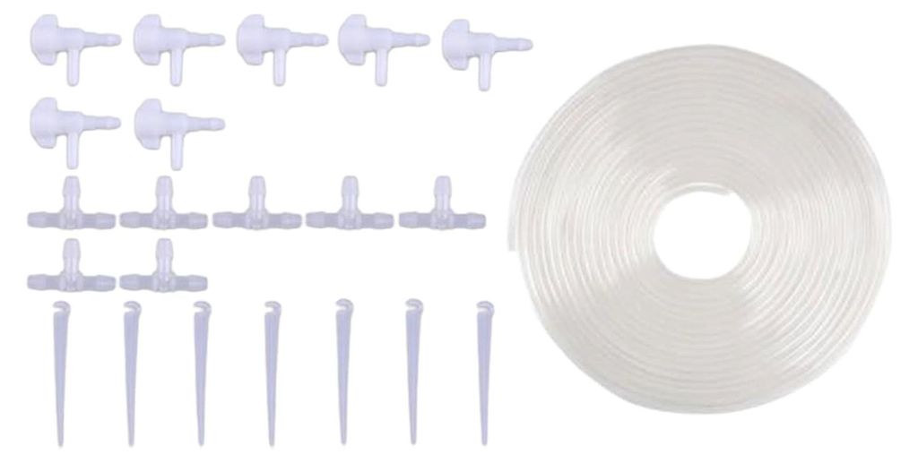 Bewässerungs-Tropfen | Set mit 7 selbstbohrenden Tropfern und 7 m Schlauch für Garten, Gewächshaus, Gemüsegarten, Rasen und Innenbereich