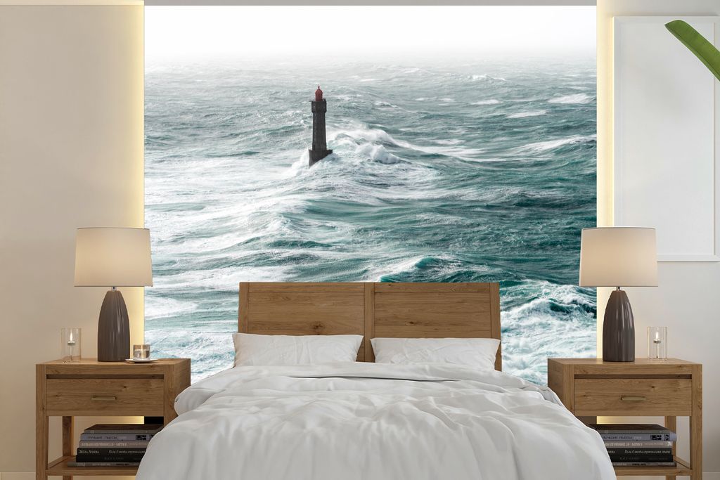 MuchoWow Fototapete für Wohnzimmer oder Schlafzimmer Wandtapete Vinyl Motivtapete Leuchtturm - Golf - Meer - 240x240 cm - Schlafzimmer-Tapete
