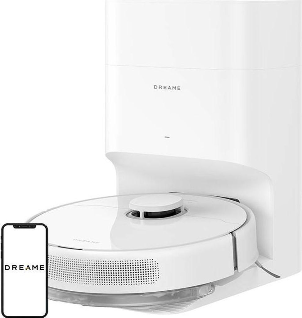 A white Dreame robot vacuum cleaner is docked in its charging station, with a smartphone displaying the Dreame logo in the foreground.