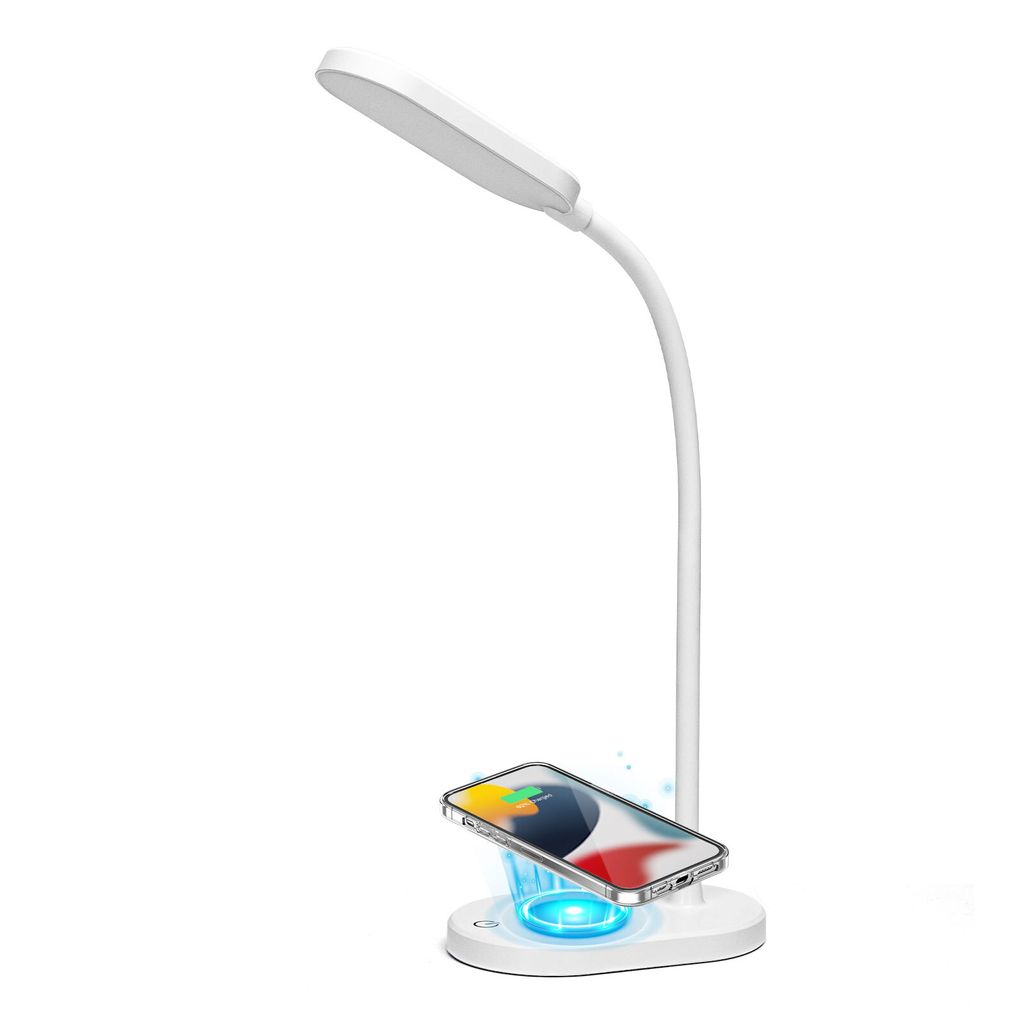 Aigostar schreibtischlampe, LED tischleuchte kinder mit 3 helligkeitsstufen, funktion zum kabellosen laden des handys, touch-steuerung, 5000K, weiß