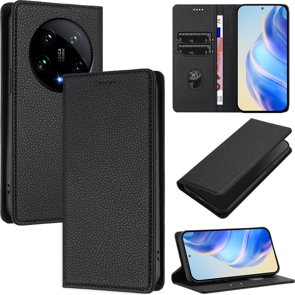 Litchi Leder Handyhülle für Xiaomi 14 Ultra Wallet Kartenfächer Standfunktion Hülle Schwarz