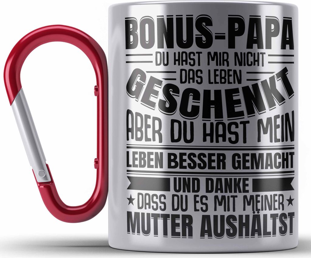 Trendation - Stiefvater Geschenk Edelstahl Tasse Karabiner Vatertag Lustiger Spruch Bonus Geschenkidee Stiefpapa (Rot)