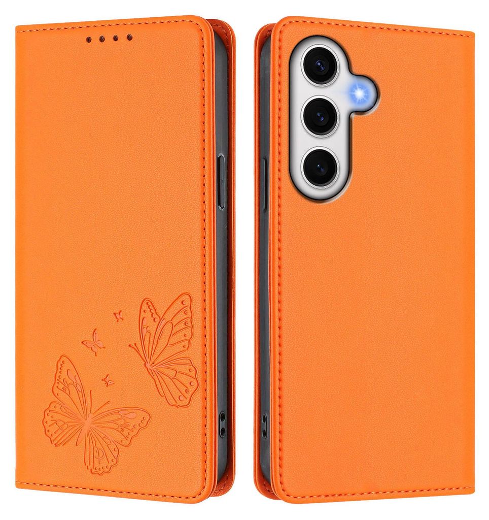 Lederhülle für Samsung Galaxy S24 FE, Schmetterling Prägung Leder Brieftasche Schutzhülle mit Ständer Orange