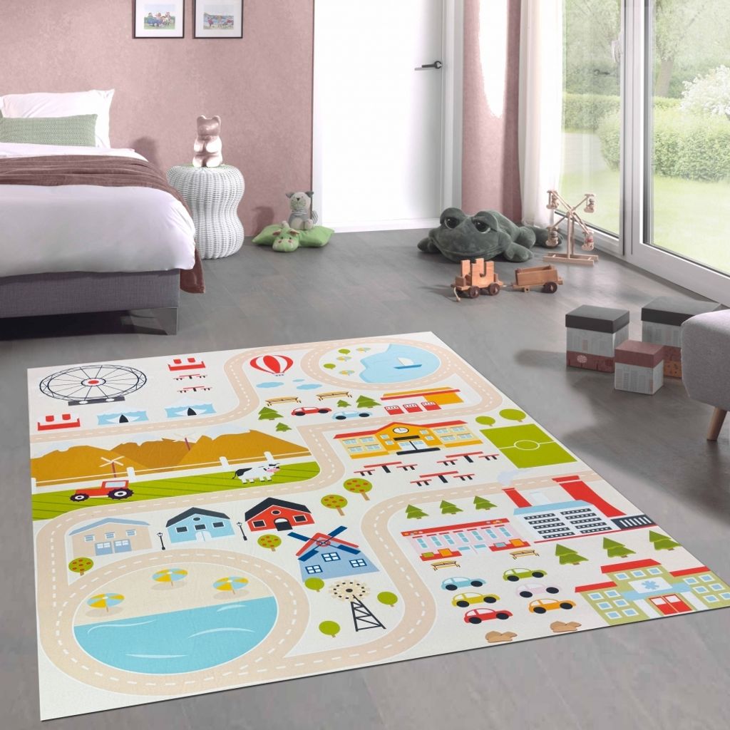 Kinderteppich pflegeleicht rutschfest mit Stadt Motiv in Beige Größe - 200 x 290 cm
