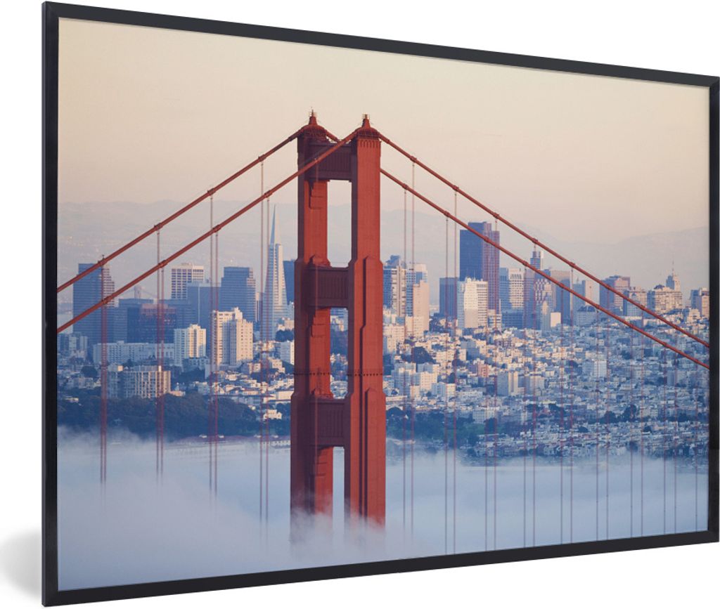 MuchoWow Gerahmtes Poster Neblig um die Golden Gate Bridge und San Francisco 90x60 cm - Poster mit Schwarzem Bilderrahmen Wandposter Rahmen Foto ...