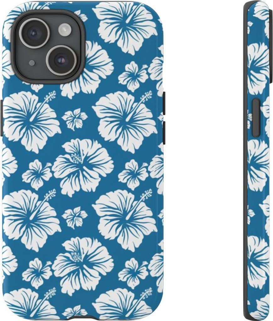 Weiße hawaiianische Blüten auf Blau – Hülle Kompatibel mit iPhone 15