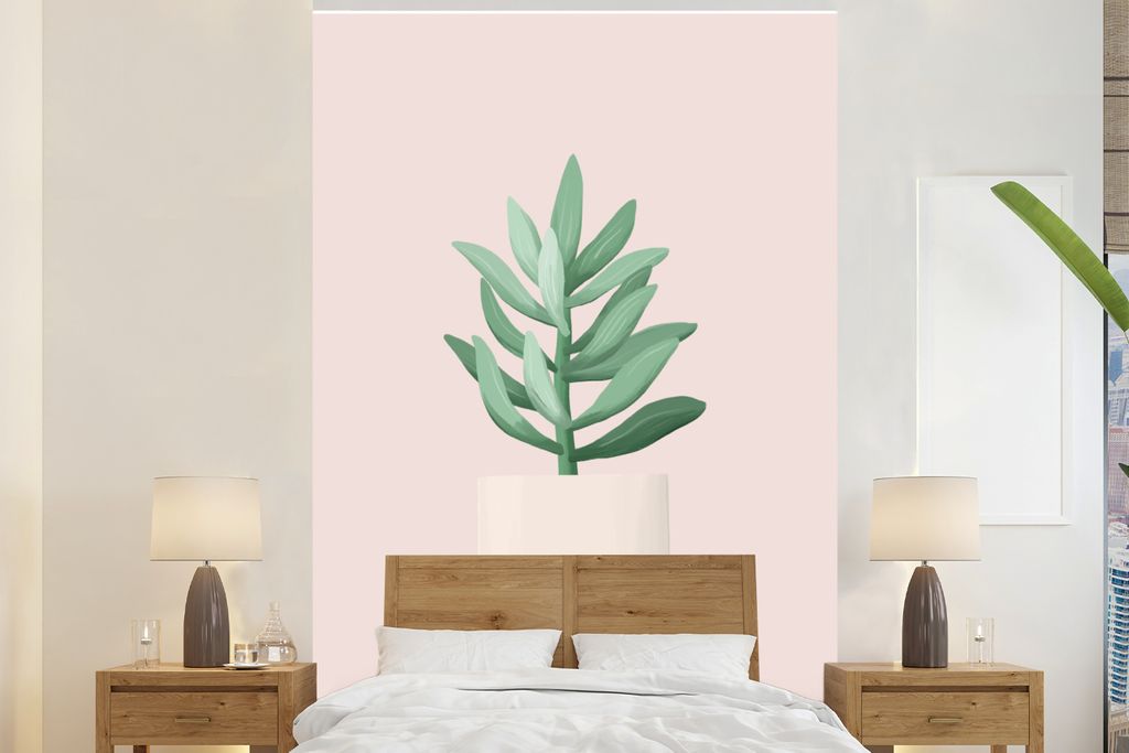 MuchoWow Fototapete für Wohnzimmer oder Schlafzimmer Wandtapete Vinyl Motivtapete Blumentopf - Tierarztpflanze - Pastell - Rosa - 195x300 cm - D...