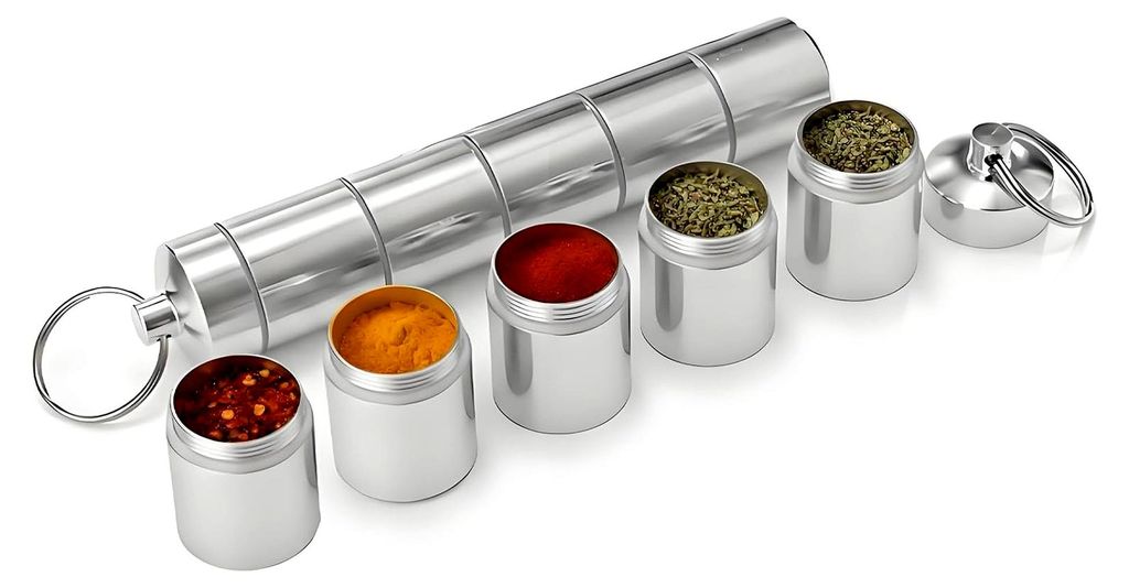 Gewürzstreuer Camping Set 5-in-1, Mini Gewürzdosen aus wasserdichtem und leichtem Aluminium, tragbare Gewürzgläser für Outdoor-Picknick, BBQ, ...