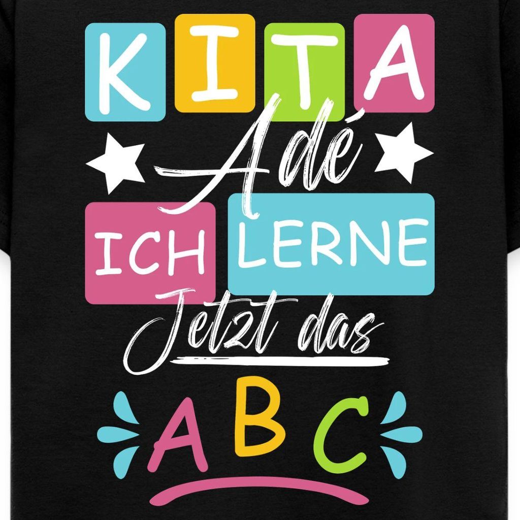 Spreadshirt Kita Ade Ich Lerne Jetzt Das ABC Kindergarten-Abschied Kinder T-Shirt, 122/128 (7-8 Jahre), Schwarz