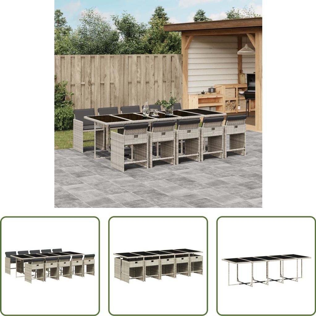 The Living Store 11-tlg. Garten-Essgruppe mit Kissen Hellgrau Poly Rattan