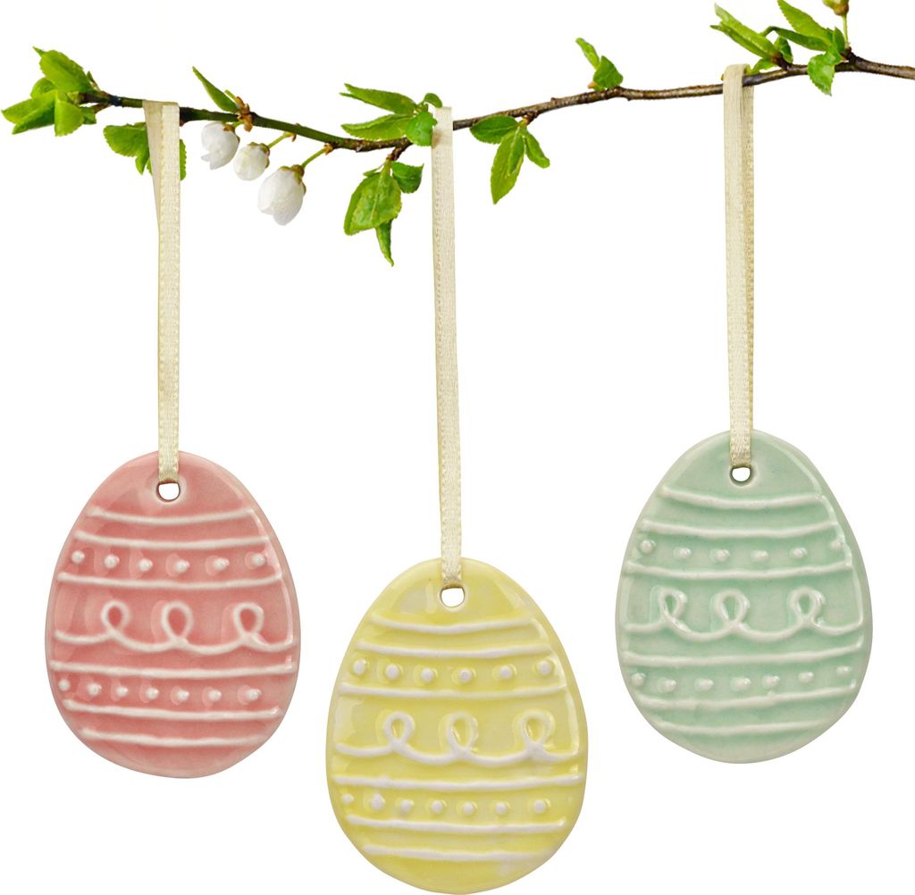Porzellan Ostereier 3er Set Wellen-Relief - Moderne Osterdeko Pastell hängend 4x6cm