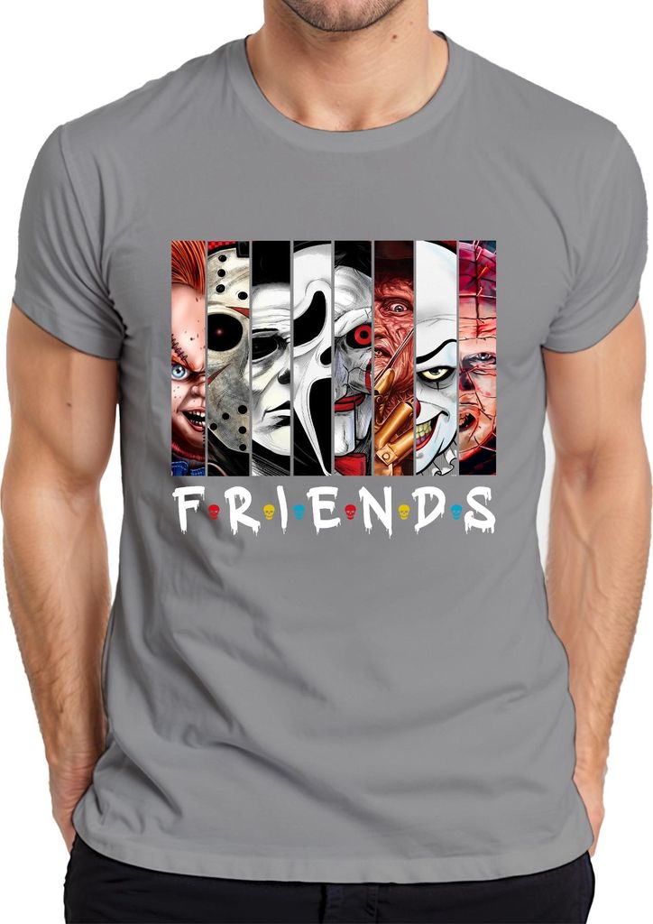 FRIENDS Horror Ikonen Jason Michael Pennywise Freddy Chucky Kult Herren T-Shirt, Grau, 3XL
