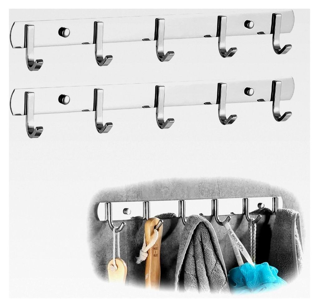 2 Stück Hakenleiste aus Edelstahl, Garderobenleiste mit 6 Haken, Wandkleiderhaken für Küche, Wandgarderobe, Schlafzimmer, Badezimmer (Silber, 31...
