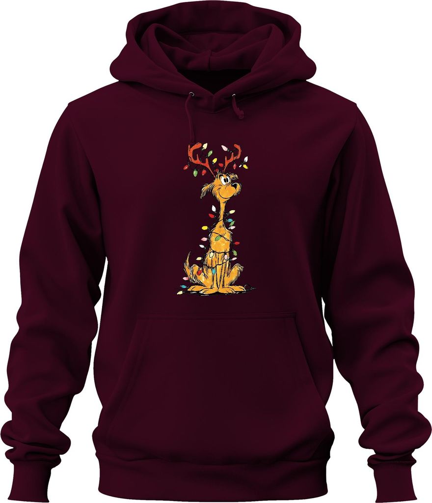 Weihnachtshund Rentier Lichterkette Lustig Geschenk Familie Retro Uni Hoodie Kapuzenpullover, Burgundy, 3XL