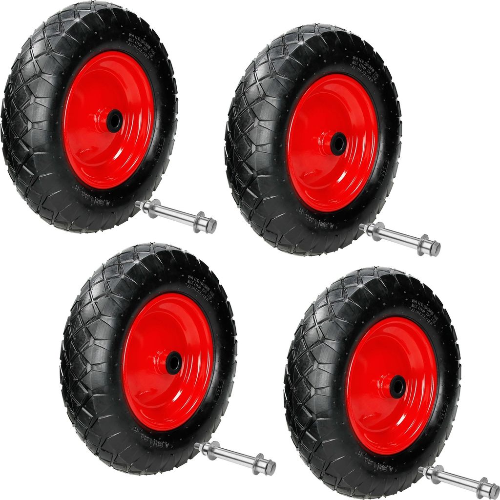 ECD Germany 4er Set Schubkarrenrad luftbereift mit Achse, 4.80/4.00-8, Durchmesser 390 mm, 95 mm Breite, 200 kg, Reifen mit Stahlfelge Rot