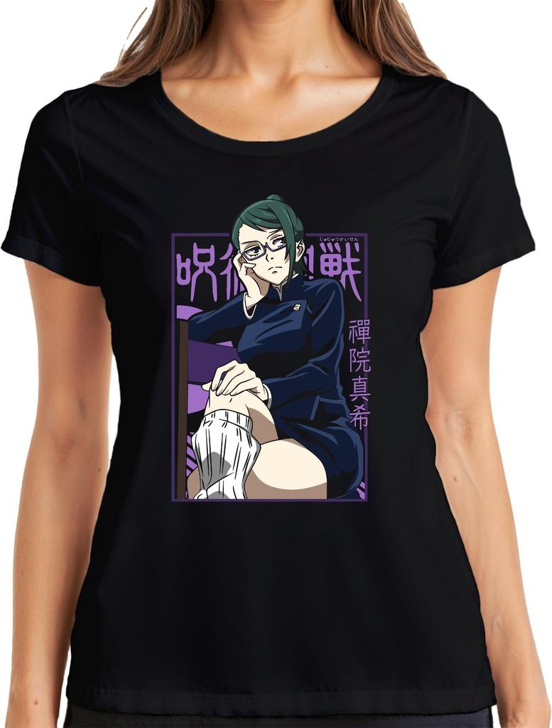 Maki Zenin Jujutsu Kaisen Anime Ästhetik Brille Kämpferin Geschenk Damen T-Shirt, Schwarz, L