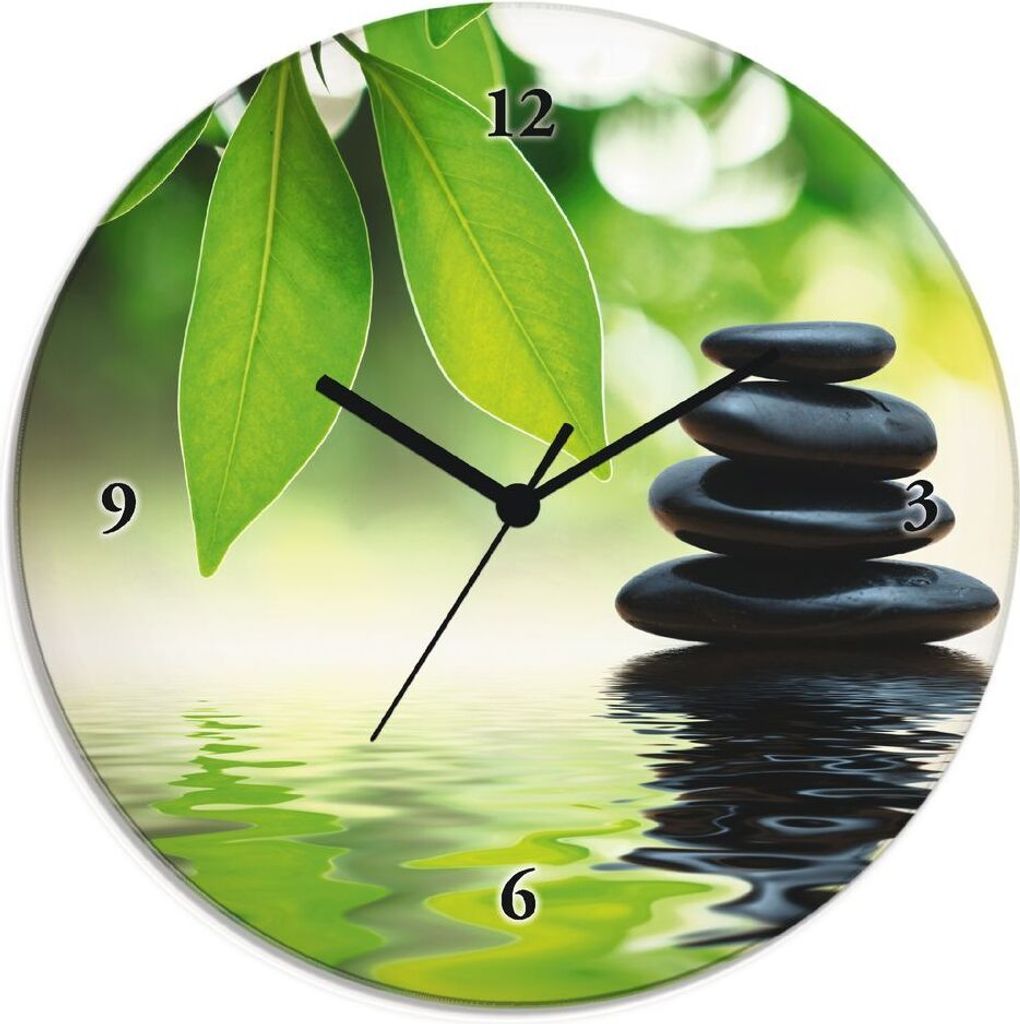 ARTland Glas Wanduhr Funkuhr - schwarzer Zeiger Zen Steinpyramide auf Wasseroberfläche Größe: 30x30 cm