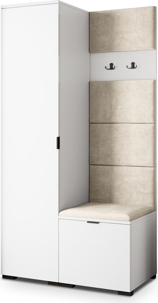 Masseno Garderobe-Set LORI 95/181/51 cm Modern Garderobenschrank Weiß, Veloursstoff MONOLITH 04 (Beige)