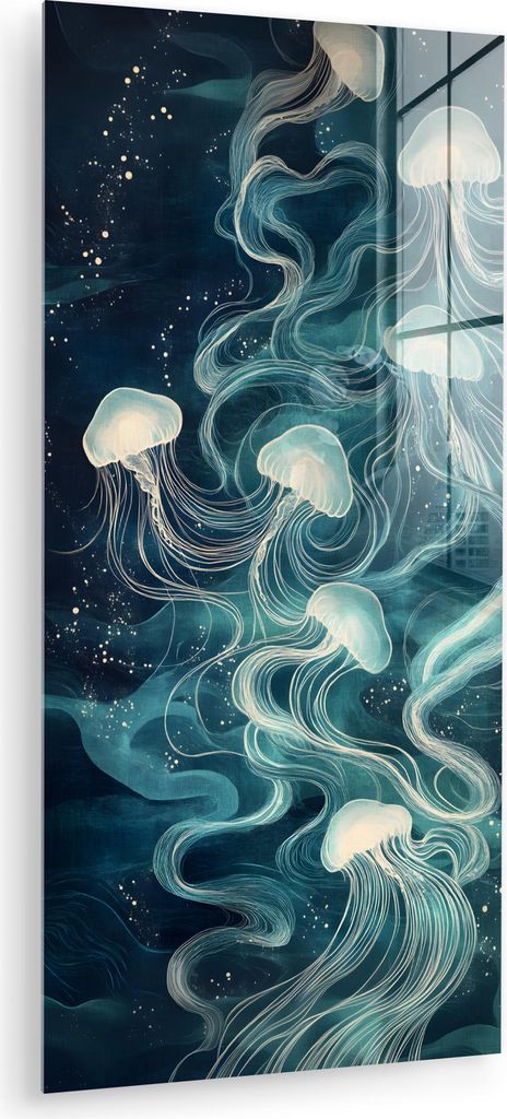 MuchoWow Glasbilder - Bilder auf Wandbild - Foto auf Glas Qualle - Meer - Weiß - Wellen 60x120 cm Wanddekoration aus Glas - Acrylglasbild - Acrylb...