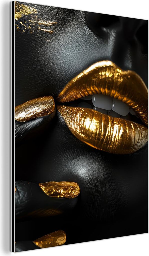 MuchoWow Wanddekoration Metall Metallbild Wandkunst 30x40 cm Lippen - Gold - Abstrakt - Schwarz - Frau MuchoWow Aluminium Gemälde - Bilder
