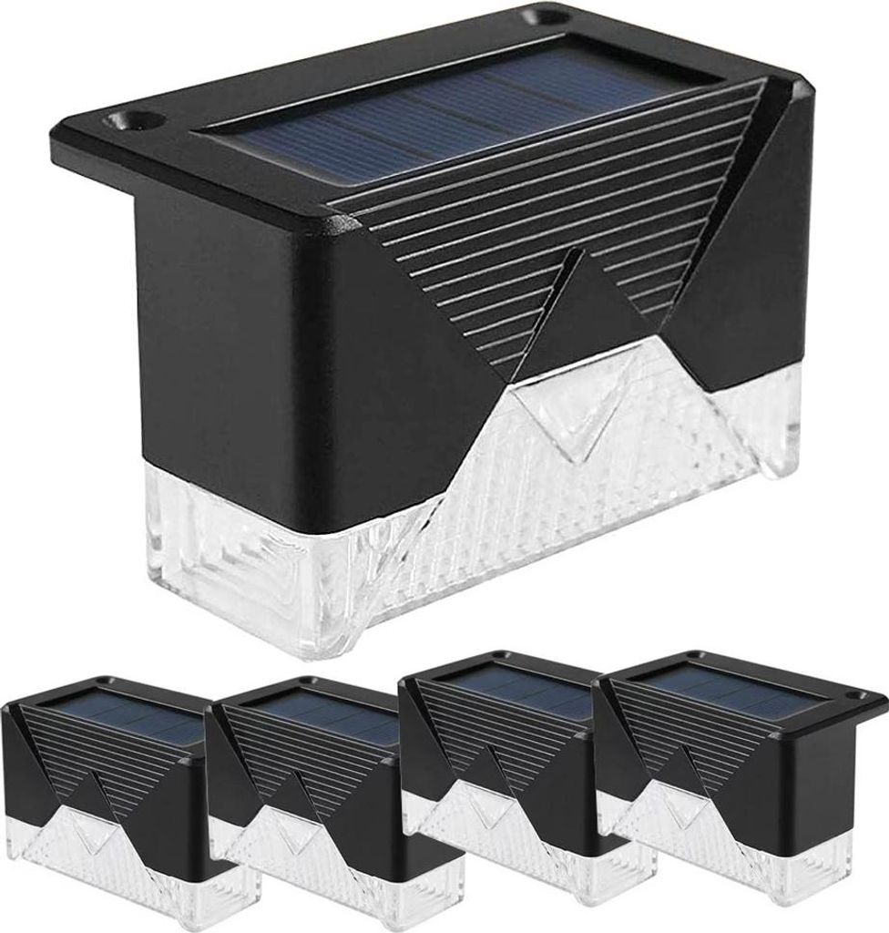 A set of four solar-powered garden lights, with one light prominently displayed above the other three.