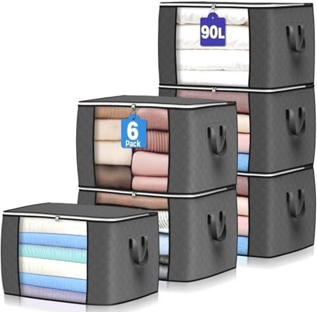 Budding Joy 6 Stück 90L Aufbewahrungstasche, Aufbewahrungsbox mit Deckel Große, Kleider Aufbewahrung Umzugskartons, Faltbare Unterbett Kleidersch...