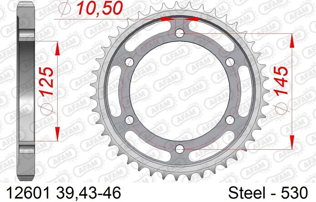 Pignon de chaîne AFAM 530 argent 45 dents en acier trempé