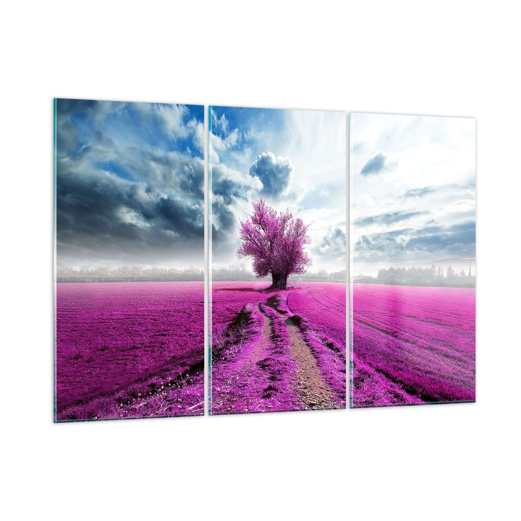 Bilder auf glas - Heidefeld Baum Wolken Landschaft - 105x70cm - Glasbilder - Wandbilder - Kunstdruck - zum Aufhängen bereit - Wanddekoration aus G...