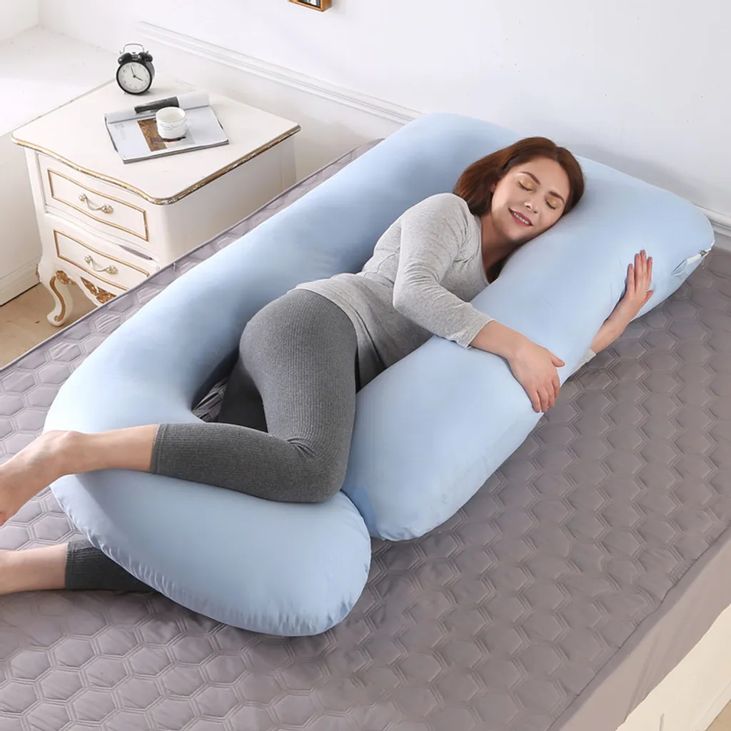 Coussin de maternité grand format bleu pour dormir sur le côté en J - 5