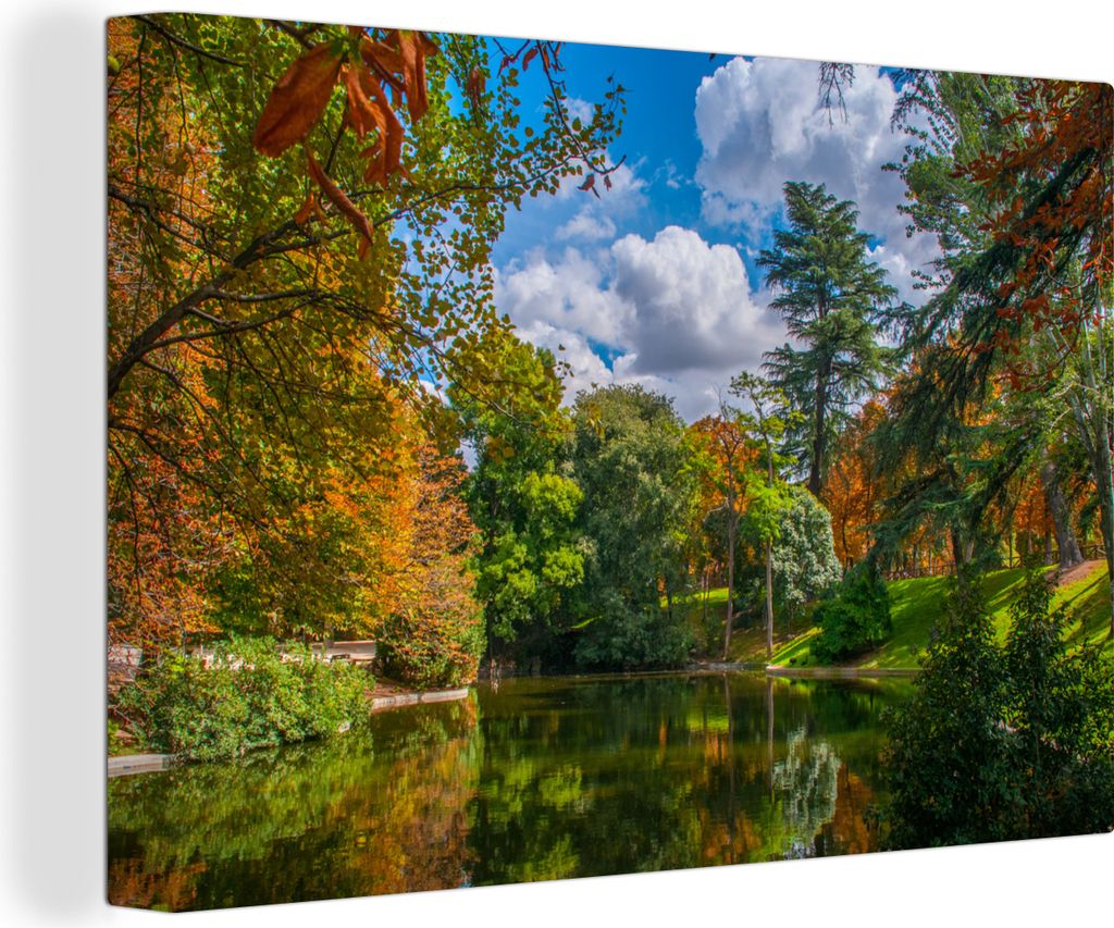 OneMillionCanvasses - Leinwandbilder - 140x90 cm, Buntes Bild der Bäume und Sträucher im Buen Retiro Park in Madrid, Wandbilder Kunstdruck Wand...
