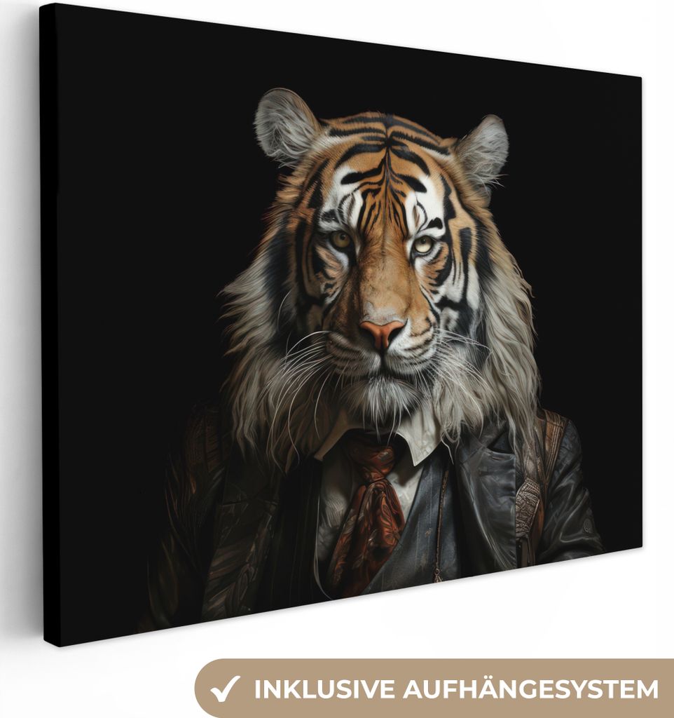MuchoWow - Leinwandbilder - Tiger - Porträt - Schwarz - Tier - Braun, Wandbild, Wanddeko Bilder Wohnzimmer, 80x60 cm