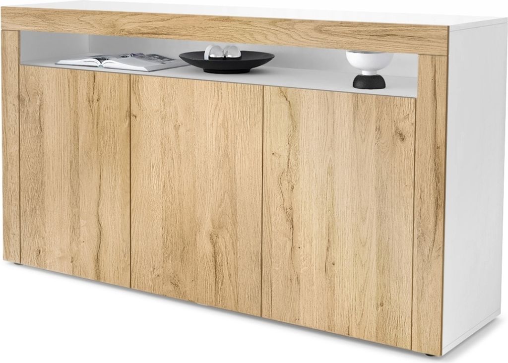 Vladon Sideboard Valencia, Germany, Kommode mit 3 Türen und 1 offenem Fach, Weiß matt/Eiche Natur/Eiche Natur (155 x 92 x 40 cm)