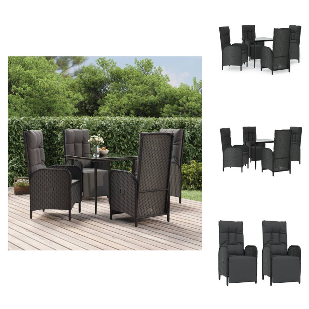 vidaXL 5-tlg. Garten-Essgruppe mit Kissen Schwarz Poly Rattan - Gartenmöbel-Sets