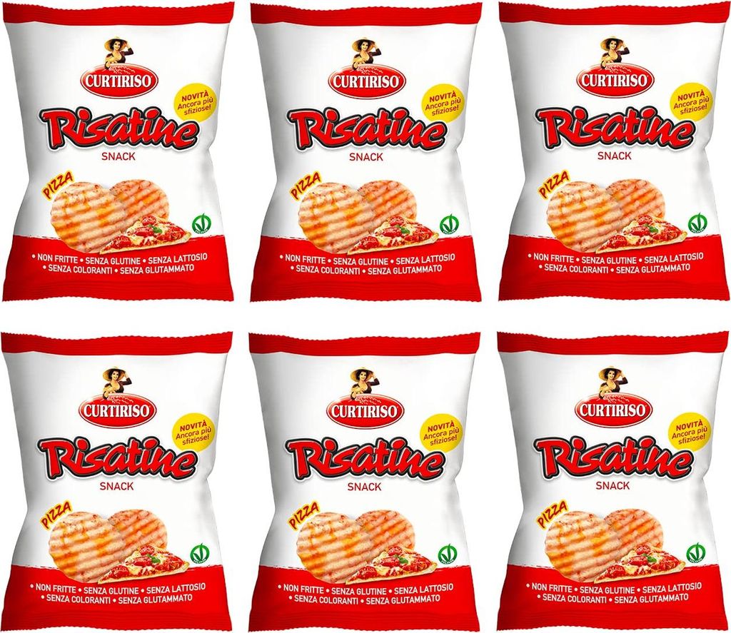 6x Curtiriso Risatine Pizza Salziger Snack Reis- und Mais Snacks mit Pizzageschmack 30g