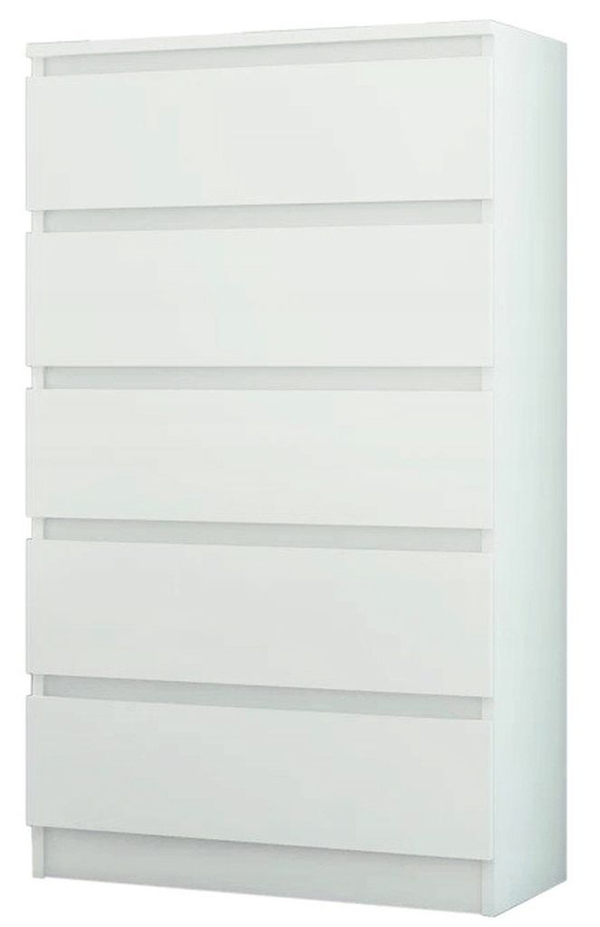 A white chest of drawers with five drawers.