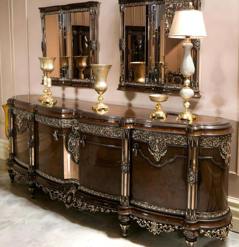 Elegantes braunes Holz- und Glasessezimmer Set mit Sideboard