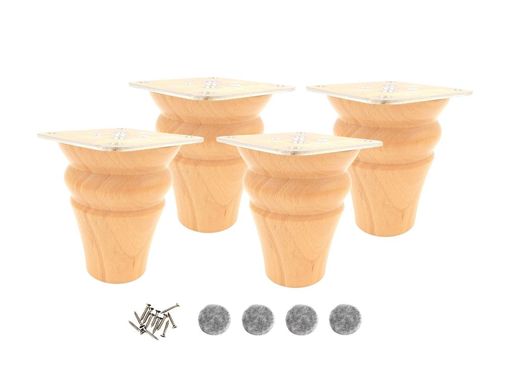 Four wooden furniture legs with silver tops, along with screws and felt pads, arranged on a white background.