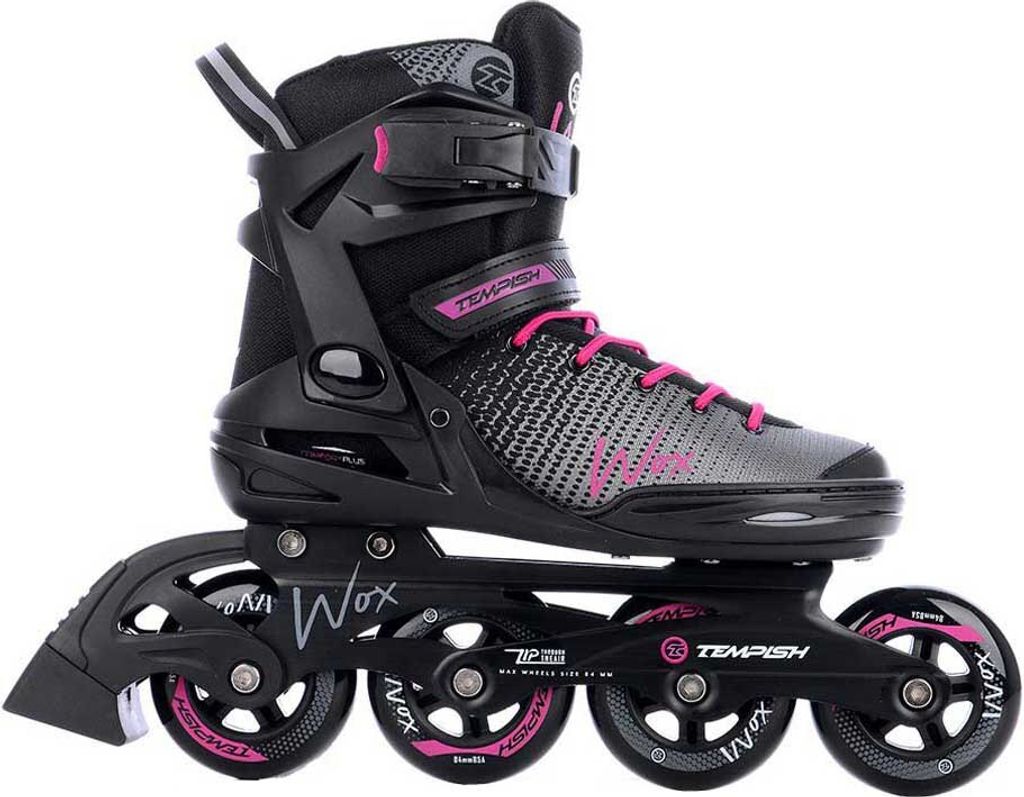 A single black and pink inline skate is shown against a white background.