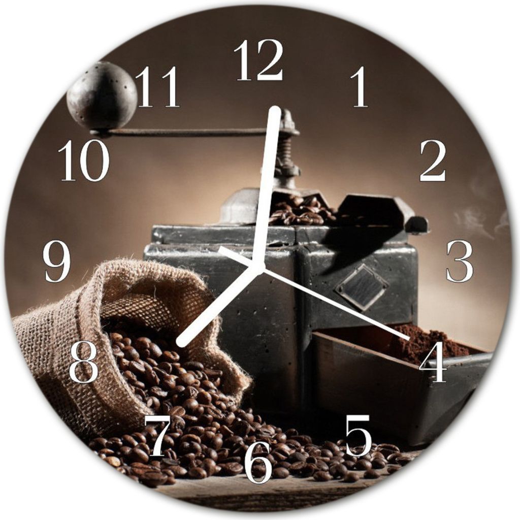 Glasuhr Wanduhr Küchenuhr Echt-Glas 30fi cm Kaffeemühle braun