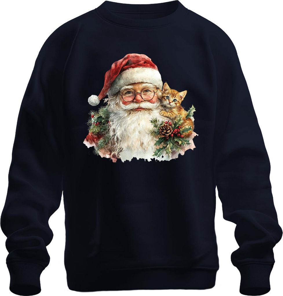 Weihnachtsmann Kätzchen Stechpalme Tannenzweig Zapfen Weihnachten Uni Sweatshirt Pullover, Navy, 3XL