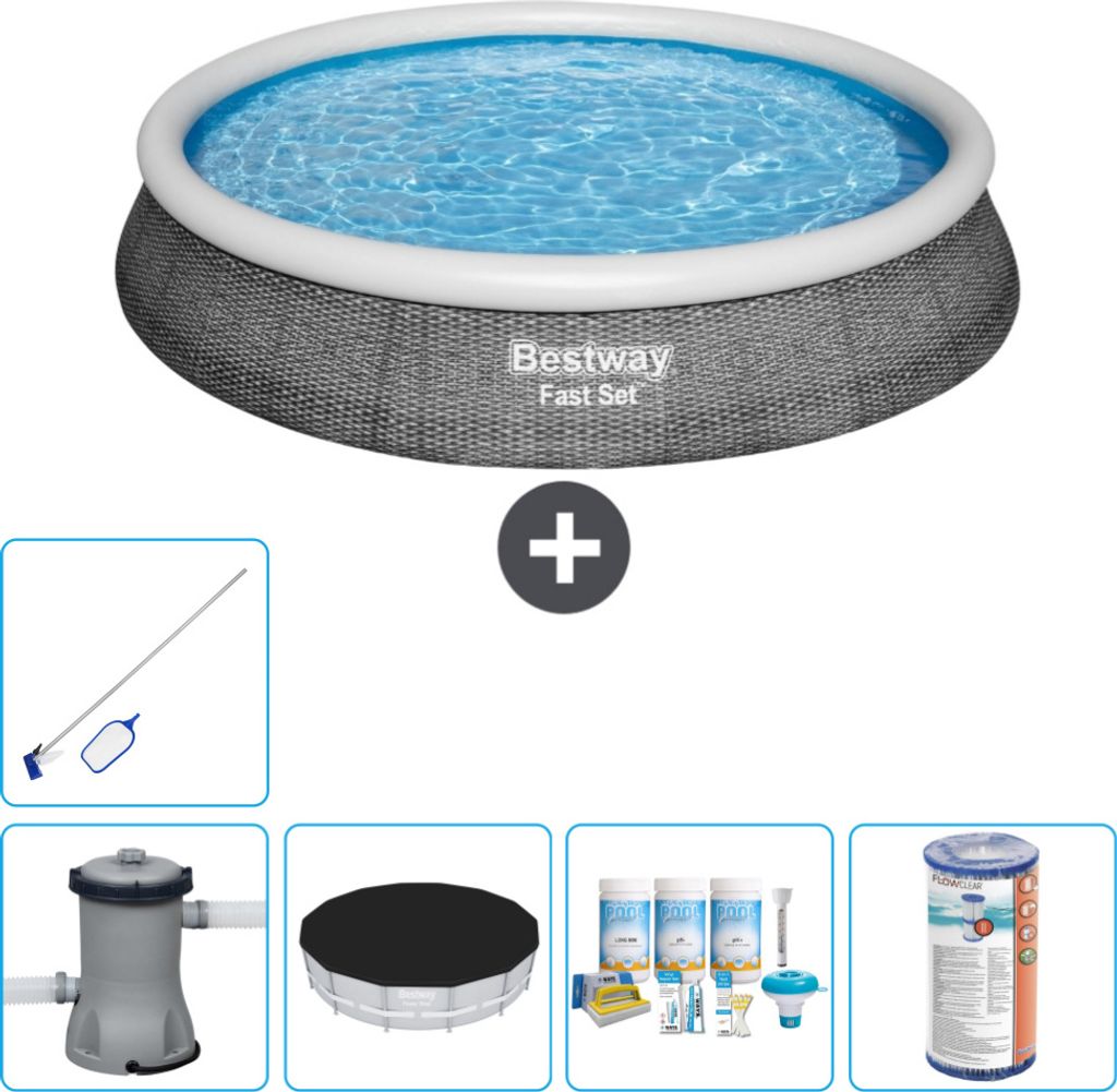 Bestway runder aufblasbarer Fast-Set-Pool – Rattan-Druck – 396 x 84 cm – inklusive Pumpe Abdeckung - Wartungspaket - Filter - Reinigungskit