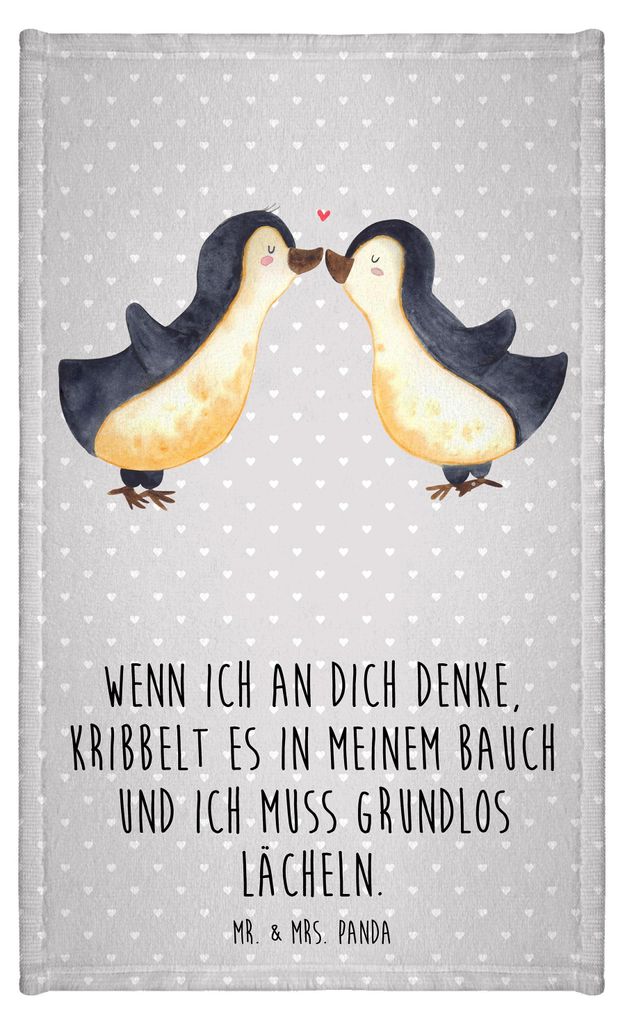 Mr. & Mrs. Panda Handtuch Pinguine Kuss - Grau Pastell - Geschenk, Gästetuch, für Frauen, Klein, Valentinstag, Hochzeitstag, Gäste-WC, Freundin,...