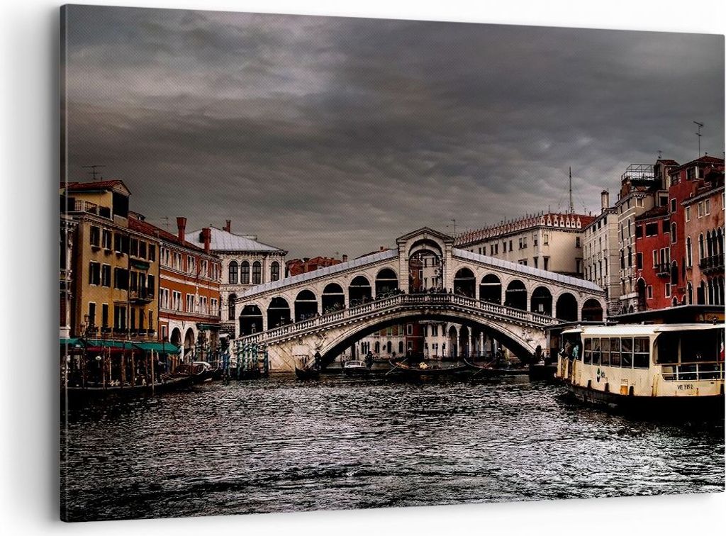 Bild auf Leinwand - Leinwandbild - Venedig Brücke Wasser Stadthäuser - 100x70cm - Wand Bild - Wanddeko - Leinwanddruck - Bilder - Kunstdruck - Le...