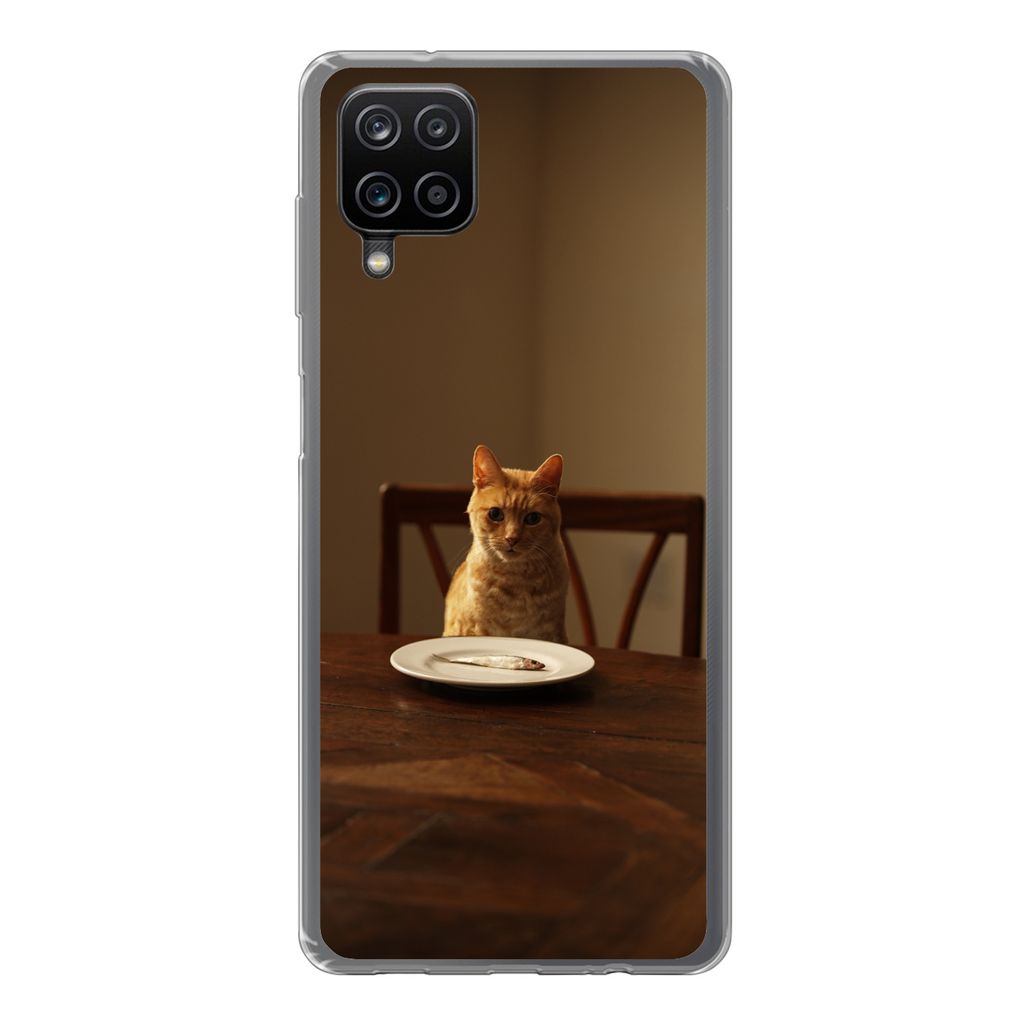 MuchoWow Handyhülle Schutzhülle Hülle für Samsung Galaxy A12 Katze - Esstisch - Teller Silikon Softcase Handy Hülle - Bild