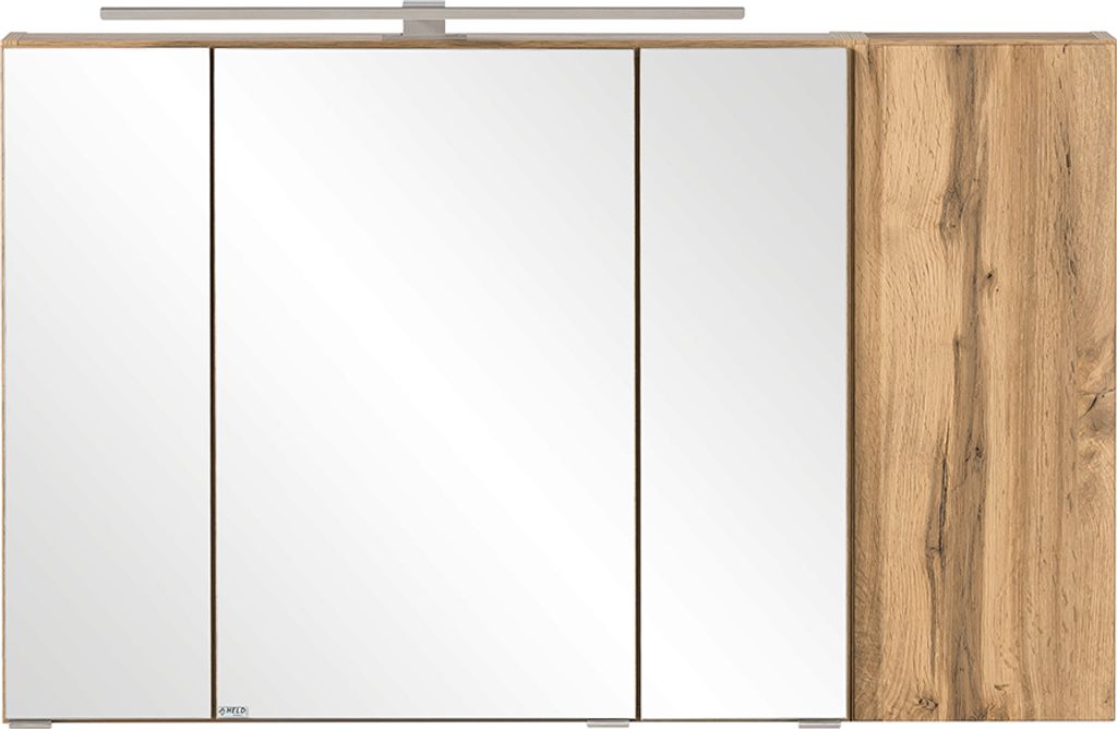 Spiegelschrank 105cm mit LED Aufsatzleuchte VASTO-03-WHITE in Wotan Eiche Nb. mit weiß matt, B/H/T ca. 105/64/20 cm