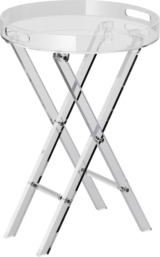 A clear, studio shot of a transparent acrylic folding tray table.