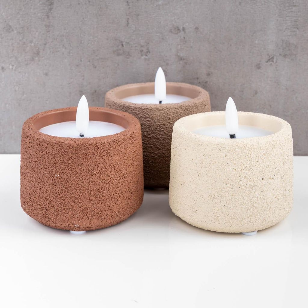 3er Set LED Kerzen mit Timer Echtwachs Beton Braun Beige Tischdeko Boho Stil Skandi Design Deko Windlicht