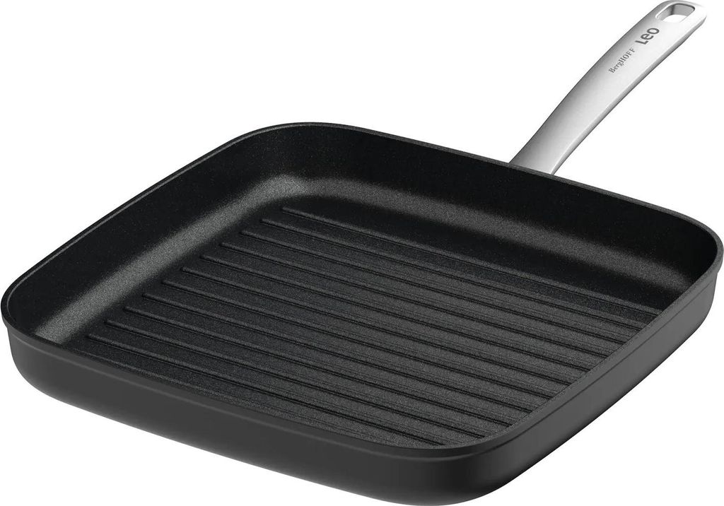 BergHOFF Leo Grillpfanne, 28 cm, quadratisch, antihaft Keramikbeschichtung, 100 % recyceltes Aluminium, induktionsgeeignet, PFAS-frei, schwarz