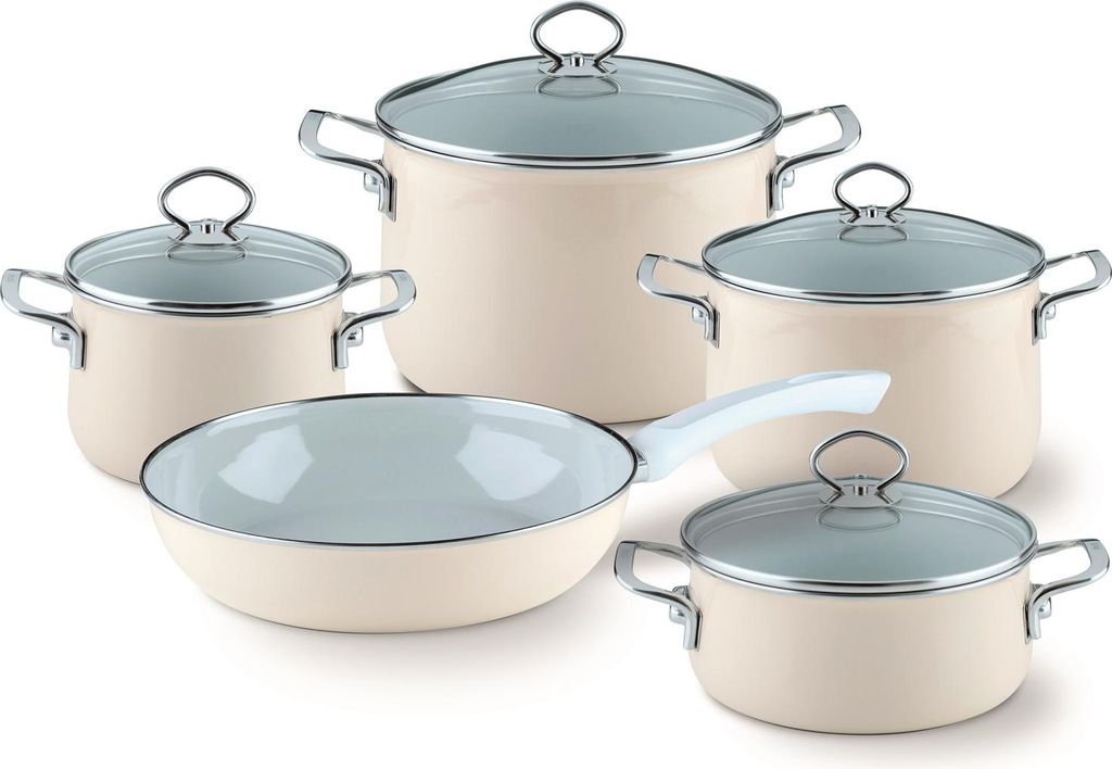 Riess Geschirr- Topfset Nouvelle Avorio extrastark 5-teilig Emaille Induktion